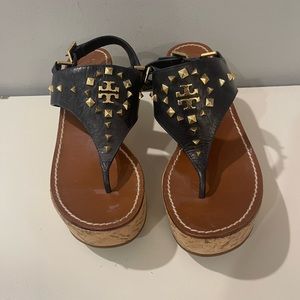 Tory Burch Black and Gold Wedge Sandals